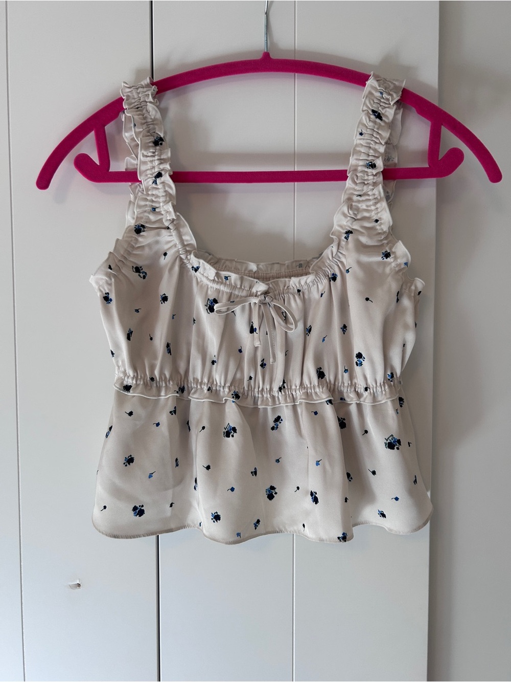 Sunday Best Satin Cream Tank Top with Navy Floral Print and Ruffle Straps